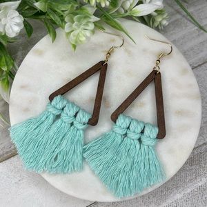 Boho Wooden Macrame Earrings, Triangle Dangle Rust Colored Macrame